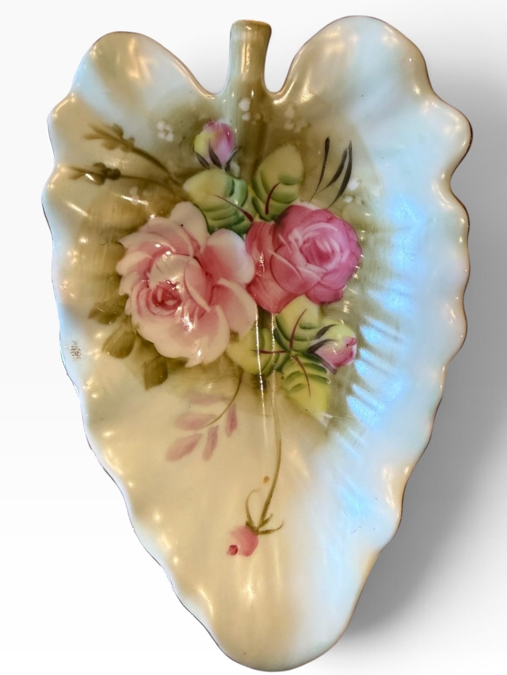 Lefton China Hand-Painted Pink Rose Porcelain Leaf Dish 4” x 7”